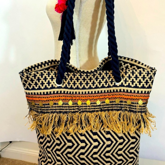 C & C California Home Jute XLarge Tote Bag Blue Tassel Medallion Pattern Boho - Picture 2 of 14